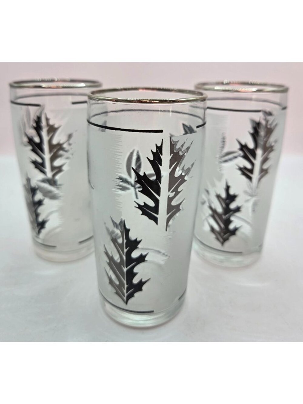 Vtg Silver Leaf Foliage Highball Glasses Metallic Rim 4" Tall Set of 3 MCM